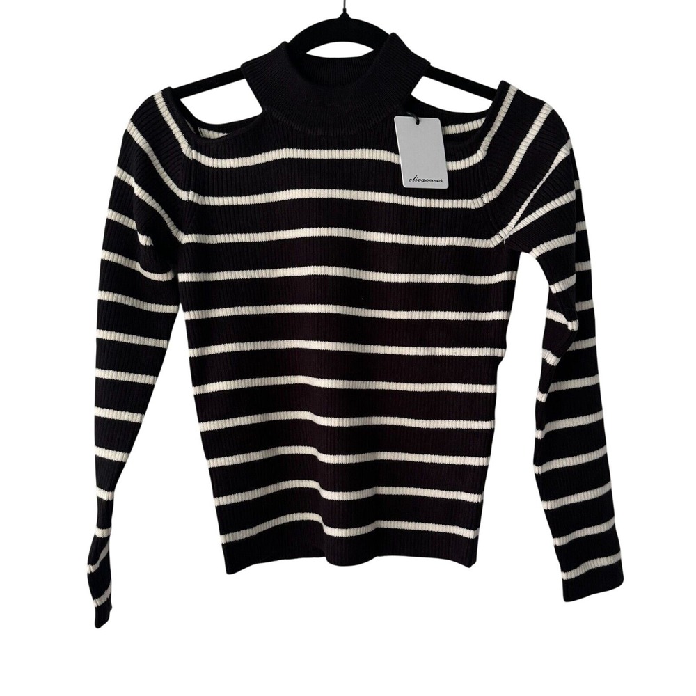 Olivaceous Striped Cutout Shoulder Mock Neck Sweater Top, Size M